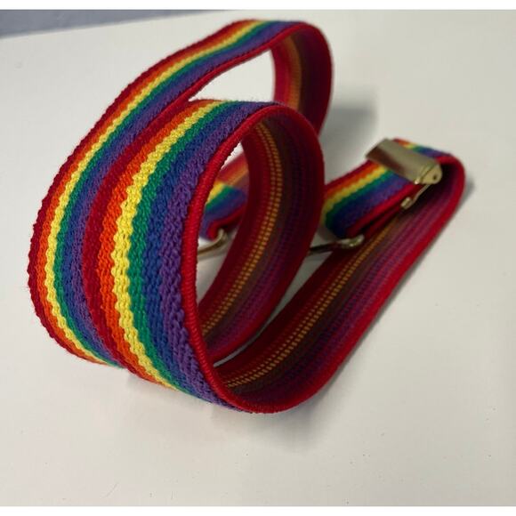 Vintage 1980s Woven Stretch Rainbow Color Block Adjustable Belt XS SM Med Pride